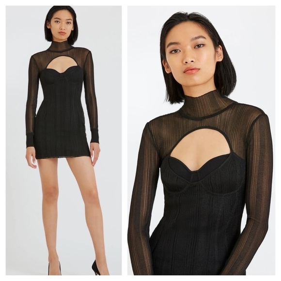 HERVE LEGER / NWT NEW layered sheer ribbed plated mini dress in black small s - Picture 1 of 5